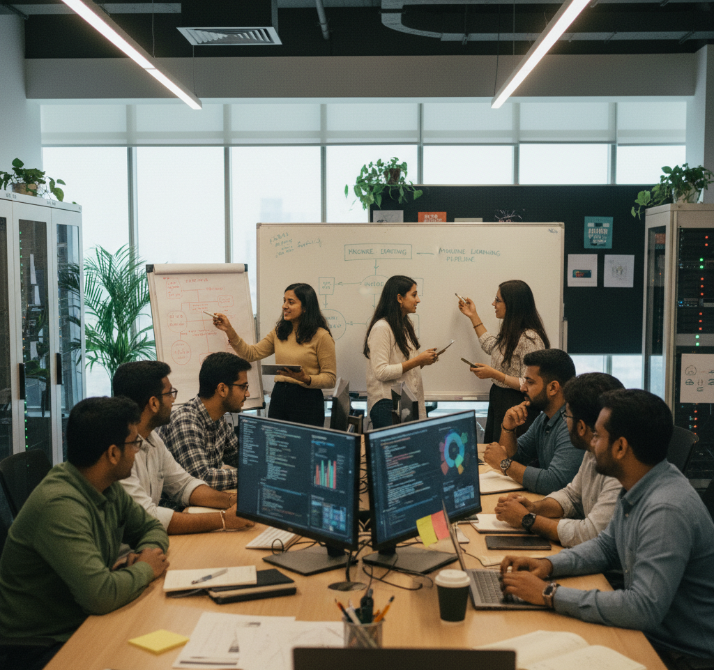 Professional office environment showing a team meeting with people working on computers displaying data visualizations and analytics